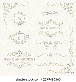 Floral monograms and borders, frames, seamless pattern for cards, invitations, menus, labels.  Classic ornament. Graphic design pages, business sign, boutiques, cafes, hotels.