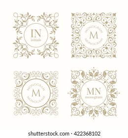 Monogramas florais para cartões, convites, menus, etiquetas. Páginas de design gráfico, placa comercial, boutiques, cafés, hotéis. Elementos de design clássicos para convites de casamento.