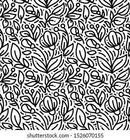 Floral monoline seamless pattern background, textile printing. Hand drawn endless vector illustration of flowers on light background. Flower theme. Summer collection