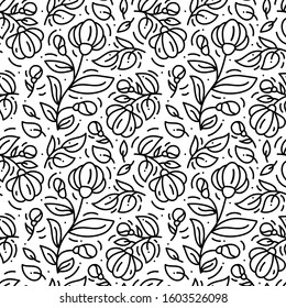 Floral monoline seamless pattern background, textile printing. Hand drawn endless vector illustration of flowers on light background. Flower theme. Summer collection.