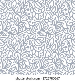 Floral monoline seamless pattern background, textile printing. Hand drawn endless vector illustration of flowers on light background. Flower theme wedding. Summer collection.