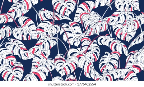 Floral monstera palm seamless pattern, color split-leaf Philodendron plant on blue background, line art ink drawing. vector illustration.