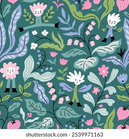 Floral monsters seamless pattern. Vector funny flower repeat background in hand drawn style. Flower sticker set. Garden gnomes kids print design for nursery wallpaper or magic fabric design.