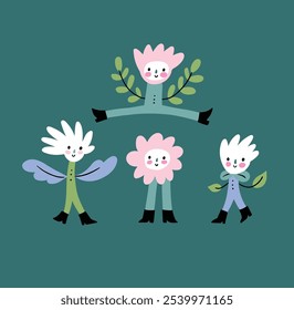 Monstros florais. Vetor ilustração engraçada em estilo desenhado à mão. Conjunto de adesivo de flor. Projeto de impressão para crianças gnomes de jardim