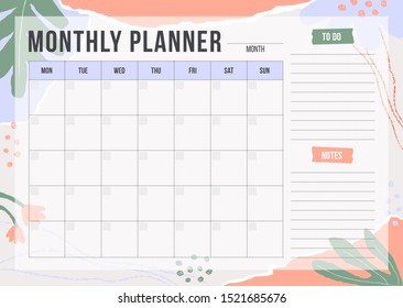 Floral monthly planning template with pieces of torn paper, flower and chalk line. Blank monthly planner with notes in pastel colors. Simple stylish organizer design. Vector illustration