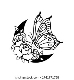 Floral moon and butterfly boho vector outline illustration.