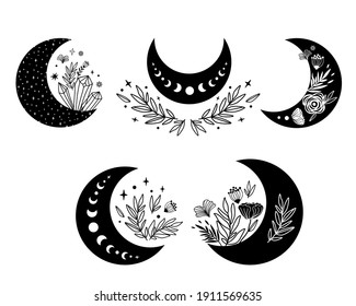 Floral moon clipart. Moon phase and flowers set. Black moon icon. Celestial crescent isolated elements. Hand drawing crescent flower. Witch boho moon shape design. Ramadan symbol. Vector illustration.
