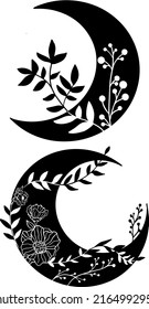 Floral moon clipart. Moon phase and flowers set. Black moon icon. Celestial crescent isolated elements. Hand drawing crescent flower. Witch boho moon shape design. Ramadan symbol. Vector 
