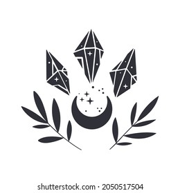 Blumenmondzusammensetzung mit Kristallen und Ästen. Boho mystisches Emblem. Schwarze Silhouette mit Sternen. Vektorgrafik.