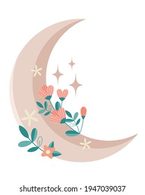 Floral moon crescent Beautiful romantic crescent in boho Botanical moon element Nature