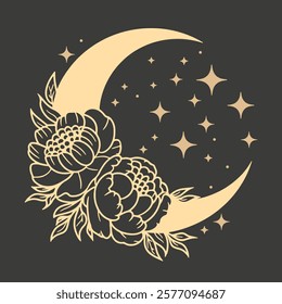 Floral moon. Crescent moon with peony flowers in boho style.