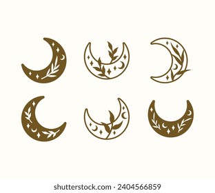 floral moon crescent star celestial with leaves boho element icon vector design illustration collections