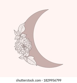 Floral Moon of Dahlia Flowers in a trendy minimal linear style. Vector Crescent outline icon for Tattoo design, logo, wedding invitation, greeting card