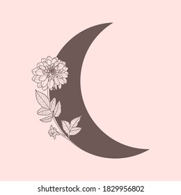 Floral Moon of Dahlia Flowers in a trendy minimal linear style. Vector Crescent outline icon. Tattoo design, logo, wedding invitation, greeting card