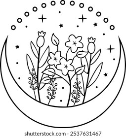 El diseño floral de la luna con estrellas y flores en blanco y negro encapsula maravillosamente la esencia mística de la naturaleza. Armoniosa mezcla de delicados motivos florales y Elementos celestes.