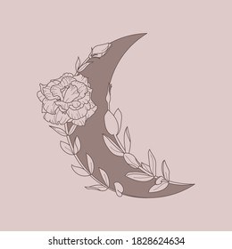 Floral Moon of Lisianthus Flowers in a trendy minimal linear style. Vector Crescent outline icon for Tattoo design, logo, wedding invitation, greeting card