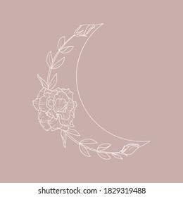 Floral Moon of Lisianthus Flowers in a trendy minimal linear style. Vector Crescent outline icon for Tattoo design, logo, wedding invitation, greeting card, poster