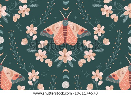 Floral Moon Moth ornament vector seamless pattern. Folksy Butterfly Daisy wreath Moon phases surface design. Hand drawn boho bloomy mystic modern folk art background 