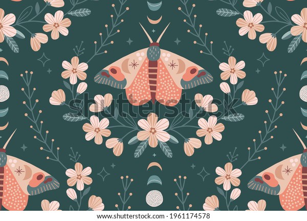 Floral Moon Moth ornament\
vector seamless pattern. Folksy Butterfly Daisy wreath Moon phases\
surface design. Hand drawn boho bloomy mystic modern folk art\
background 