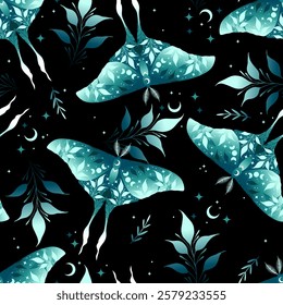 Floral moon moths vector seamless pattern. Stars and moons boho wallpaper. Nocturnal butterfly background.