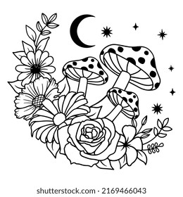 Floral moon with mushroom,  Witchcraft items, Mystical elements,Vector illustration