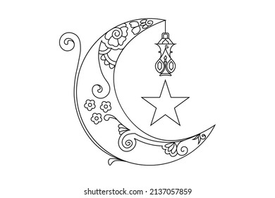 floral moon outline, moon line art drawing with flower, moon mandala