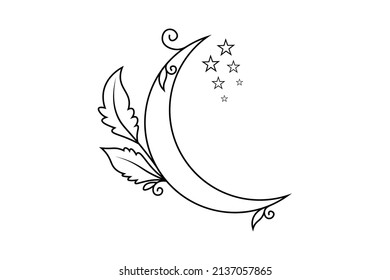 floral moon outline, moon line art drawing with flower, moon mandala