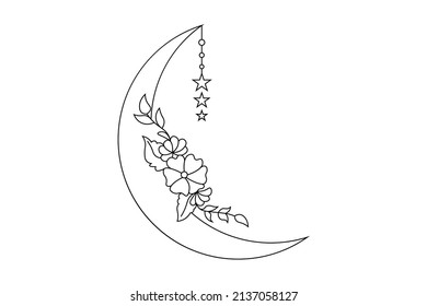 floral moon outline, moon line art drawing with flower, moon mandala