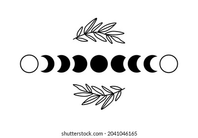 Floral moon phase. Black moon phase. Boho luna symbol. Shape moon cycle. Full moon, crescent isolated. Celestial graphic element. Astronomy, astrology. Bohemian botanical ornate. Vector illustration.