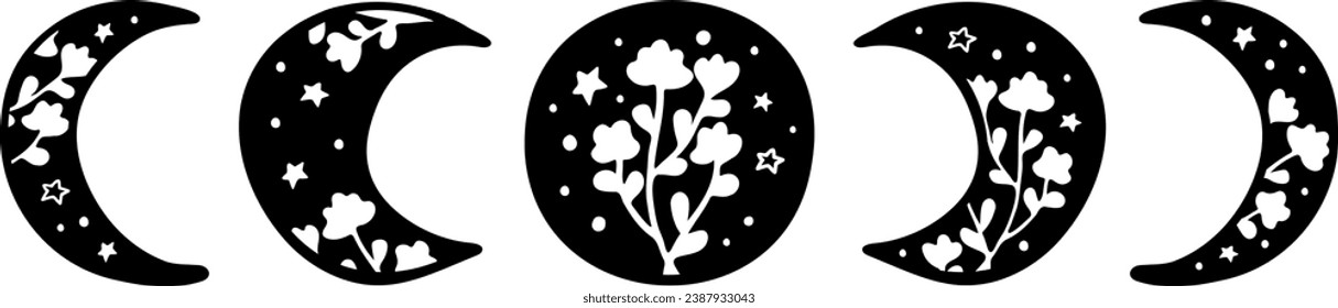 Floral moon phase doodle vector Illustration. Mystical silhouette cosmic elements celestial shapes with leaves, flowers and stars.  