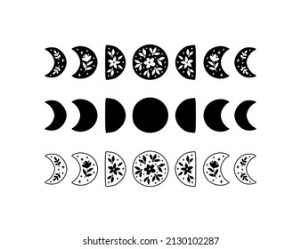 Floral moon phase. Hand drawn sacred flower moon. Boho vector illustration with mystical, astrology symbol. Bohemian poster, magic cards, celestial tattoo, logo, sticker.