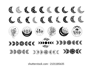 Floral moon phase vector illustration set. Hand-drawn symbol with flowers on white backround. Boho style decoration. Celestial t shirt, mugs print, poster, cards, logo, sticker.