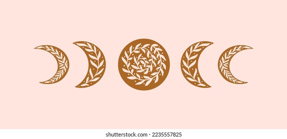 Floral Moon Phase vector Illustration. Trendy linocut celestial shapes with leaves. Crescent and half moon vintage logo design. Mystical silhouette cosmic elements for print, posters, social media.