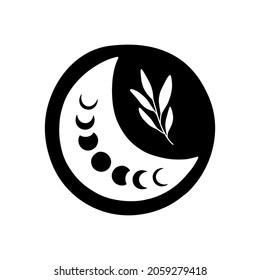 Floral moon phases. Boho vector illustration. Contemporary art with mystical crescent moon. Celestial t shirt print, bohemian poster, magic cards, moon tattoo, modern logo.