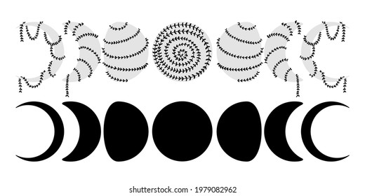 Floral Moon phases with leaf. Hand drawn vector. Full moon, cresent moon, quarter silhouette. Liana twines around the moon.