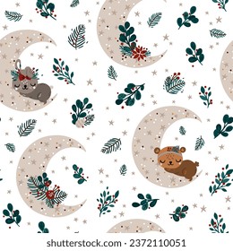 Floral moon seamless pattern, Baby animals fabric design. Cute sleeping bear and rabbit repeat pattern.