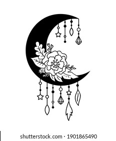 Floral moon silhouette with threads, beads and feathers. Vector tribal illustration in boho style. Crescent moon with flowers. Mystic, magic design element.