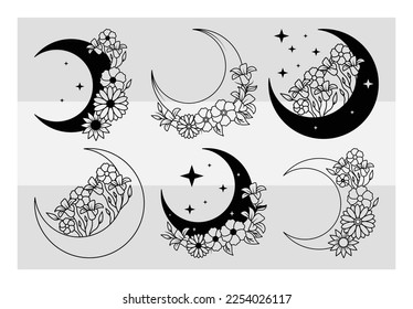 Floral Moon SVG, Floral Moon Bundle, Crescent Moon With Flower, Celestial Floral, Luna, Moon Svg, Wildflower svg, Svg Files For Cricut svg