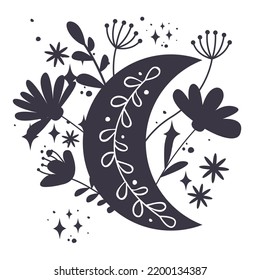 Floral moon Svg cut file. Crescent moon with wildflowers and leaves vector illustration isolated on whie background. Boho shirt design. Celestial Svg svg