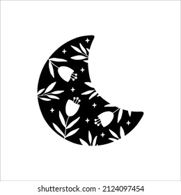 Floral moon vector illustration. Boho poster. Celestial t shirt print. Contemporary art with black crescent luna silhouette, flower, leaves on white background. For card decoration, modern logo.