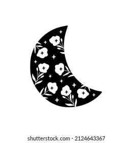 Floral moon vector illustration. Boho poster. Celestial t shirt print. Contemporary art with black crescent luna silhouette, flower, leaves on white background. For card decoration, modern logo.