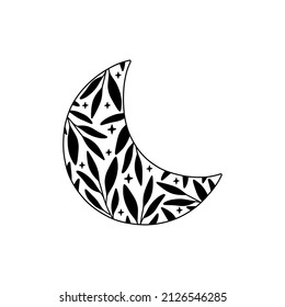 Floral moon vector illustration. Boho poster. Celestial t shirt print. Contemporary art black crescent luna silhouette with leaves on white background. For card decoration, modern logo.