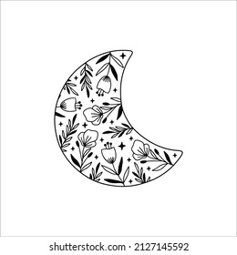 Floral moon vector illustration. Boho poster. Celestial t shirt print. Contemporary art with black crescent luna silhouette, flower, leaves on white background. For card decoration, modern logo.