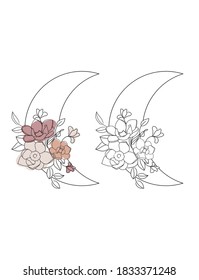 Floral moon vector illustration, crescent with flowers line drawing