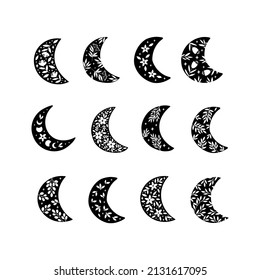 Floral moon vector illustration set. Hand-drawn luna with flowers on white background. Boho style decoration. Celestial t shirt print, mugs, poster, cards, logo, sticker.