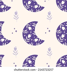 Floral moon vector seamless pattern. Trendy illustration with flower, stars on very peri background. Boho luna print for fabric design, textile, kids and baby clothes, wrapping paper, wallpaper.