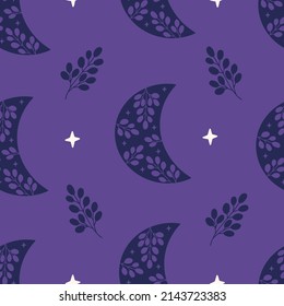 Floral moon vector seamless pattern. Trendy illustration with leaf, stars on purple background. Boho luna print for fabric design, textile, kids and baby clothes, wrapping paper, wallpaper.