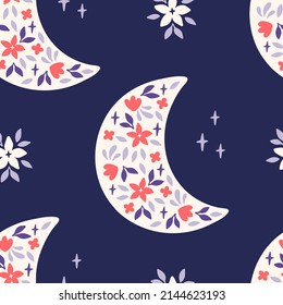 Floral moon vector seamless pattern. Trendy mystical illustration with flower, star on blue background. Boho luna print for fabric design, textile, kids and baby clothes, digital paper, wallpaper.