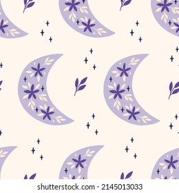 Floral moon vector seamless pattern. Trendy illustration with flower, stars on beige background. Boho luna print for fabric design, textile, kids and baby clothes, wrapping paper, wallpaper.