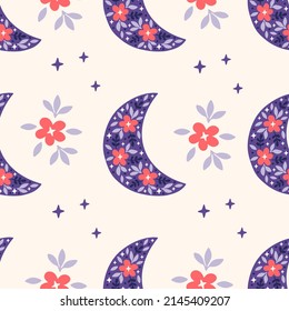 Floral moon vector seamless pattern. Magic illustration with flower, star on beige background. Print for fabric design, textile, kids and baby clothes, digital paper, wallpaper.